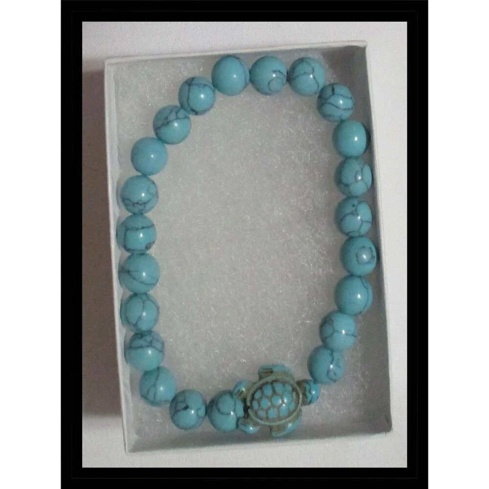 Turquoise Blue Bead Stretch Bracelet with Sea Turtle B017